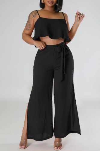 Black Sexy Casual Solid Backless Spaghetti Strap Sleeveless Two Pieces