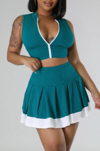 Green Casual Solid Patchwork Contrast Zipper Collar Sleeveless Two Pieces