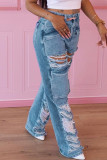 Blue Street Solid Ripped Make Old Patchwork High Waist Denim Jeans