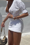 Weiß Sexy Solid Patchwork V-Ausschnitt Hemdkleid Kleider