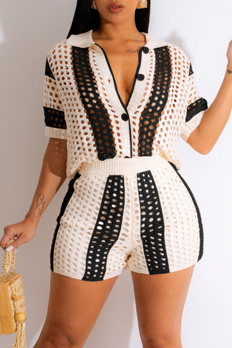 

Black Sexy Hollowed Out Patchwork Buckle Turndown Collar Short Sleeve Two Pieces