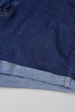 Diepblauw Casual Effen Patchwork Normaal Hoge Taille Conventionele Effen Kleur Plus Size Denim Shorts