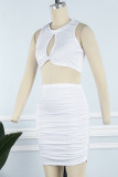 Branco sexy casual sólido vazado dobrado no pescoço sem mangas duas peças