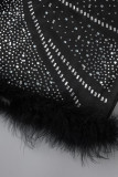 Schwarze, sexy, solide, durchsichtige Patchwork-Federn mit heißem Bohrer und V-Ausschnitt, Bleistiftrockkleider