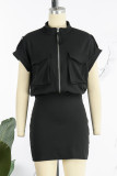 Khaki Casual Solid Patchwork Turndown Collar Short Sleeve Dress