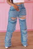 Blue Street Solid Ripped Make Old Patchwork Denim Jeans met hoge taille