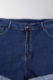 Deep Blue Casual Solid Patchwork Regular High Waist Conventional Solid Color Plus Size Denim Shorts