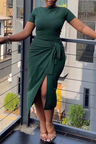 Green Casual Solid Bandage Slit O Neck Short Sleeve Two Pieces