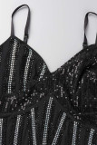 Svarta sexiga solida paljetter Patchwork Genomskinlig slits Hot Drill Spaghetti Strap Långa klänningar