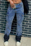 Babyblå Casual Street Print Patchwork jeans med mid midja