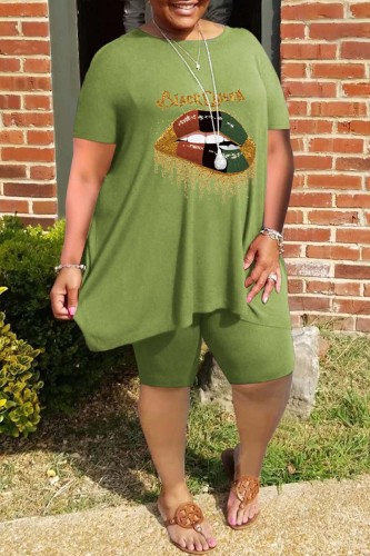 Green Casual Print Basic O Neck Short Sleeve Two Pieces