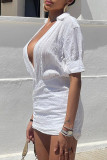 Vestido de camisa con cuello en V de patchwork sólido sexy blanco Vestidos
