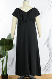 ブラック カジュアル ソリッド ベーシック Vネック ワンステップ スカート プラスサイズ ドレス