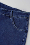 Tiefblaue, lässige, einfarbige, regelmäßige, hoch taillierte, einfarbige Denim-Shorts in Übergröße