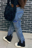 Jeans in denim a vita media patchwork con stampa street casual blu baby
