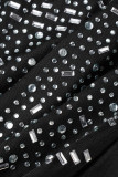 Falda de lápiz con cuello en V y taladro en caliente con plumas transparentes de patchwork sólido sexy Vestidos negros