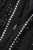 黒のセクシーな無地スパンコール パッチワーク シースルー スリット ホット ドリル スパゲッティ ストラップ ロング ドレス ドレス