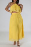 Orange Casual Solid Bandage Backless Pleated Halter Sleeveless Two Pieces