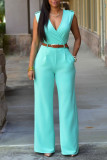 White Casual Solid Patchwork With Belt V Neck Straight Jumpsuits (Contain The Belt)