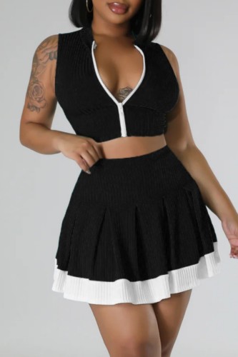 Black Casual Solid Patchwork Contrast Zipper Collar Sleeveless Two Pieces
