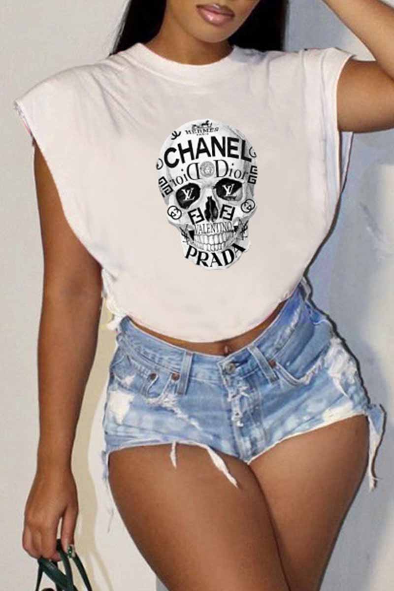 White Casual Print Letter O Neck T-Shirts