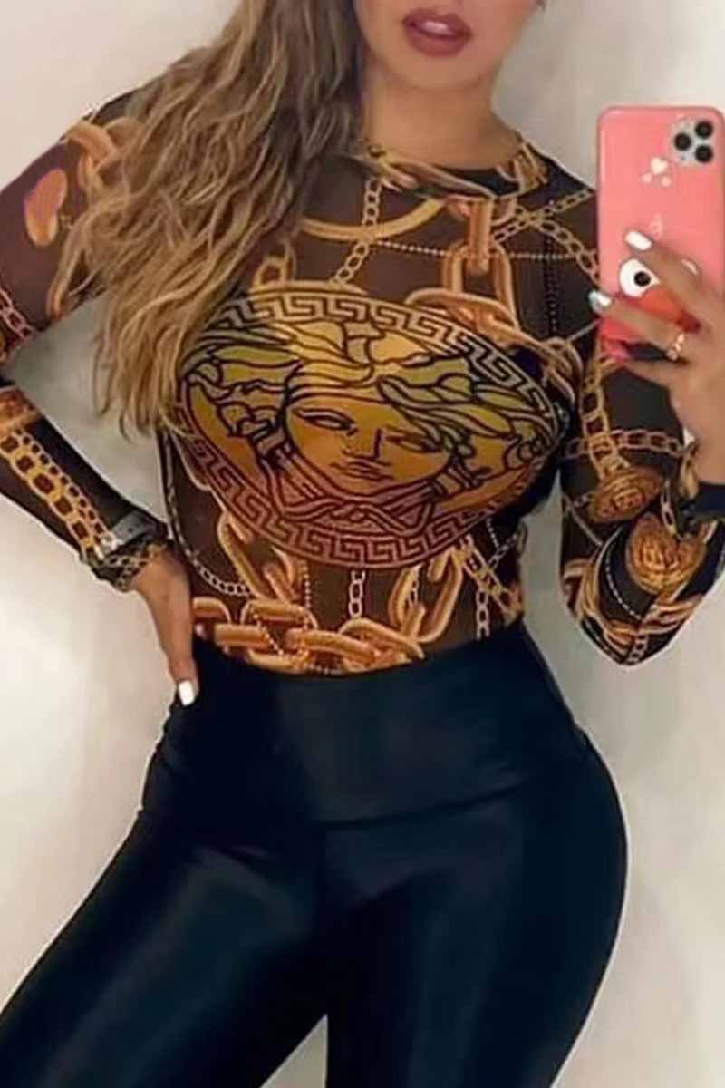 

Brown Sexy Figure Print Zipper Swimwears