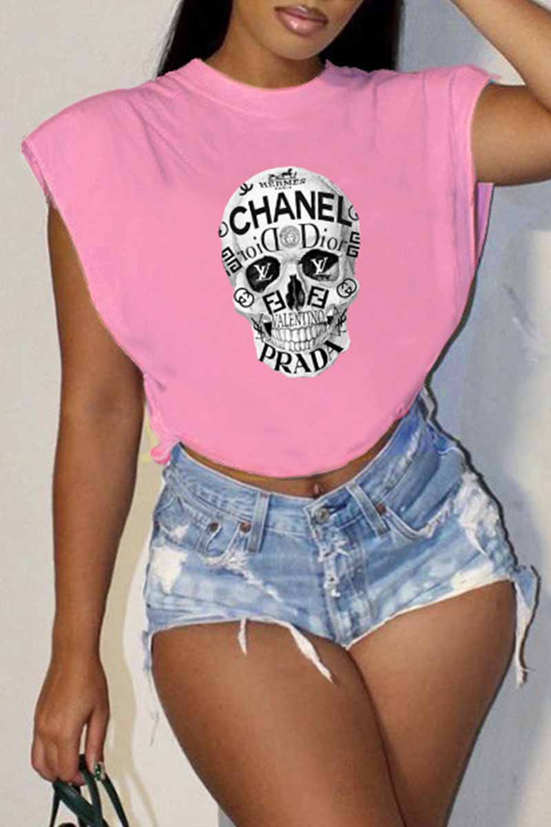 Pink Casual Print Letter O Neck T-Shirts