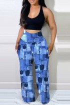Blue Sexy Casual Print Patchwork U Neck Sleeveless Two Pieces