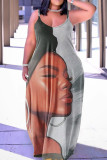 Коричневое сексуальное повседневное длинное платье с вырезом на спине и бретельками с принтом Платья