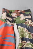 Groene Casual Camouflage Print Patchwork Turndown Kraag Bovenkleding