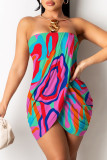 Cyaan sexy print patchwork backless strapless mouwloze jurkjurken