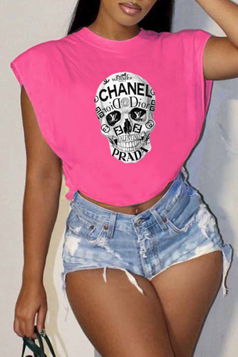 Rose Red Casual Print Letter O Neck T-Shirts