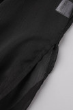 Blusas pretas casuais lisas com fenda transparente gola plus size