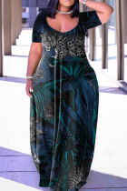 Mörkblå Casual Print Basic V-ringad kortärmad klänning