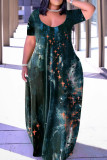 インクグリーン カジュアル 印刷 ベーシック Vネック 半袖 ドレス ドレス