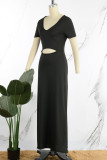 Schwarze, sexy, solide, ausgehöhlte Patchwork-Trompeten-Meerjungfrauenkleider mit V-Ausschnitt