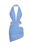 Blauwe sexy effen uitgeholde pailletten rugloze halter mouwloze jurkjurken