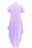 Light Purple Casual Print Basic O Neck Short Sleeve Dress Plus Size Dresses