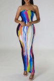 Yellow Pink Sexy Casual Print Backless Strapless Long Dress Dresses