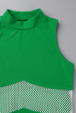 Зеленый сексуальный сплошной лоскутное прозрачное платье с круглым вырезом без рукавов из двух частей