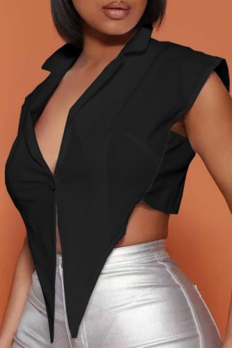 Black Sexy Casual Solid Patchwork Asymmetrical Turndown Collar Tops
