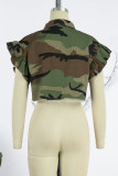 Camouflage Street Camouflage Print Patchwork Buckle Turndown Collar Top