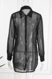 Tops de talla grande con cuello de camisa con abertura transparente sólido informal negro