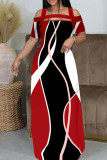 Rote, lässige, elegante Patchwork-Kleider mit asymmetrischem Kragen