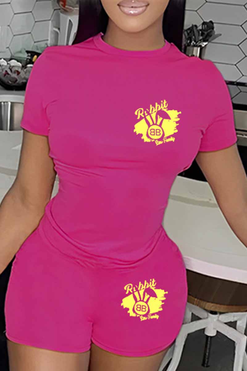 

Rose Red Casual Print Letter O Neck Short Sleeve Two Pieces