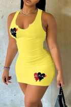 Желтый сексуальный принт пэчворк U-образным вырезом юбка-карандаш платья