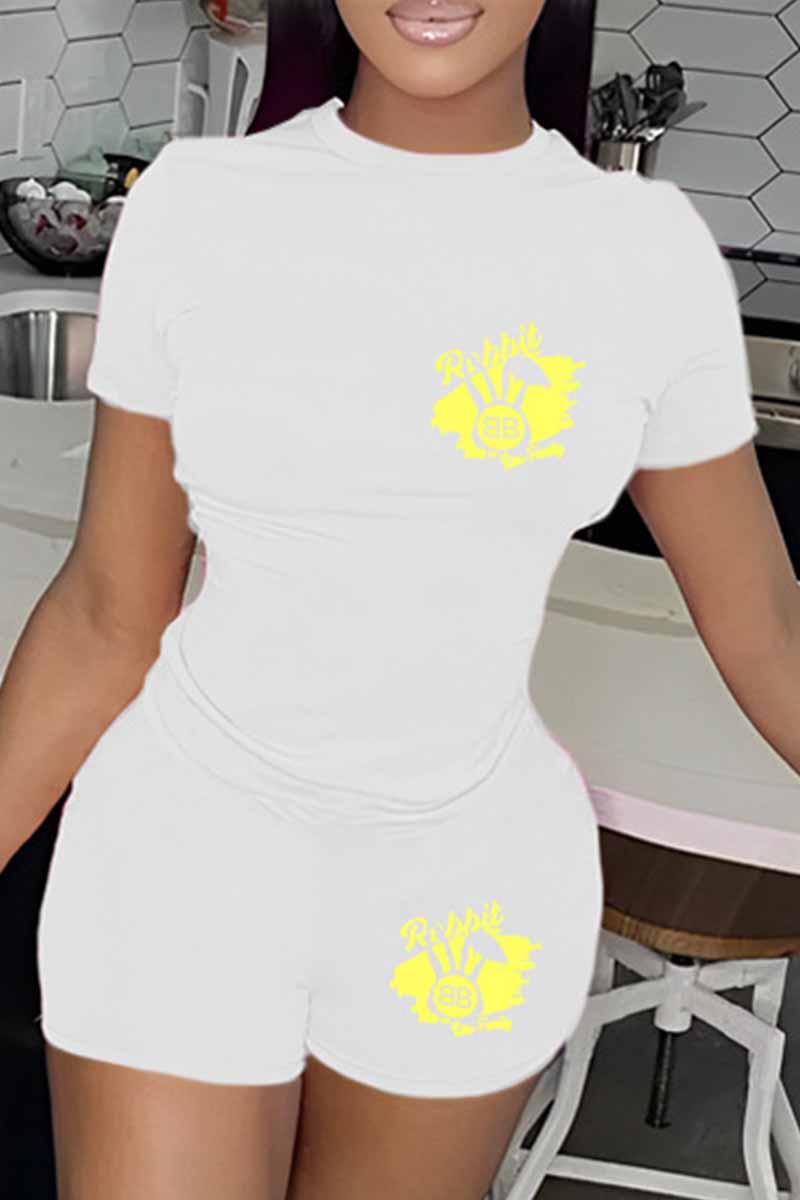 

White Casual Print Letter O Neck Short Sleeve Two Pieces