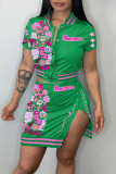 Green Sexy Print Patchwork Buckle Slit Short Sleeve Two Pieces