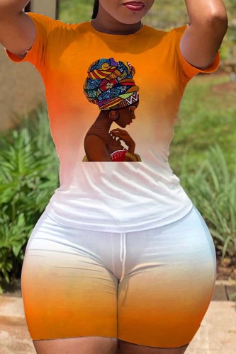 Orange Casual Gradual Change Print Basic O Neck Short Sleeve Two Pieces