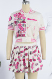 Rouge Casual Street Print Patchwork Buckle Fold Short Sleeve Two Pieces